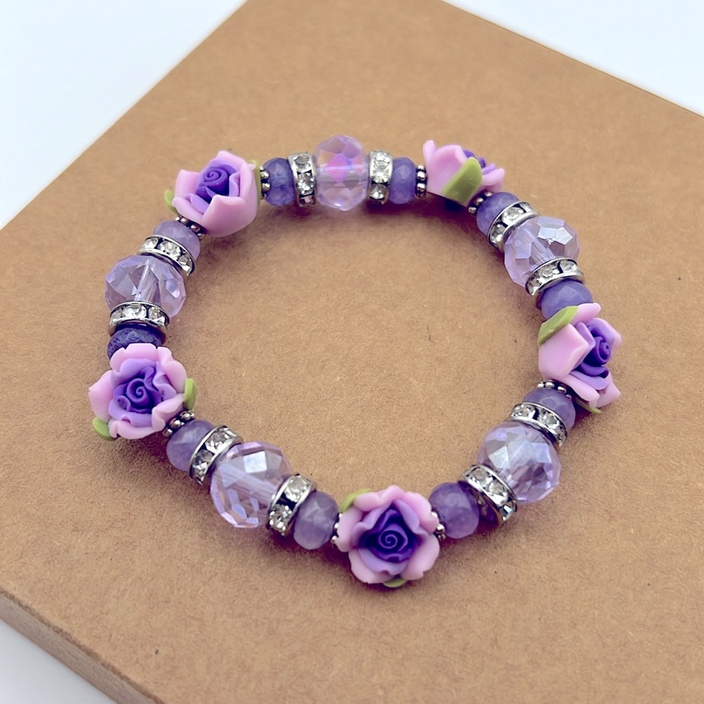 FLOWER GIRL LAVENDER PURPLE PINK CRYSTAL STRECH BRACELET